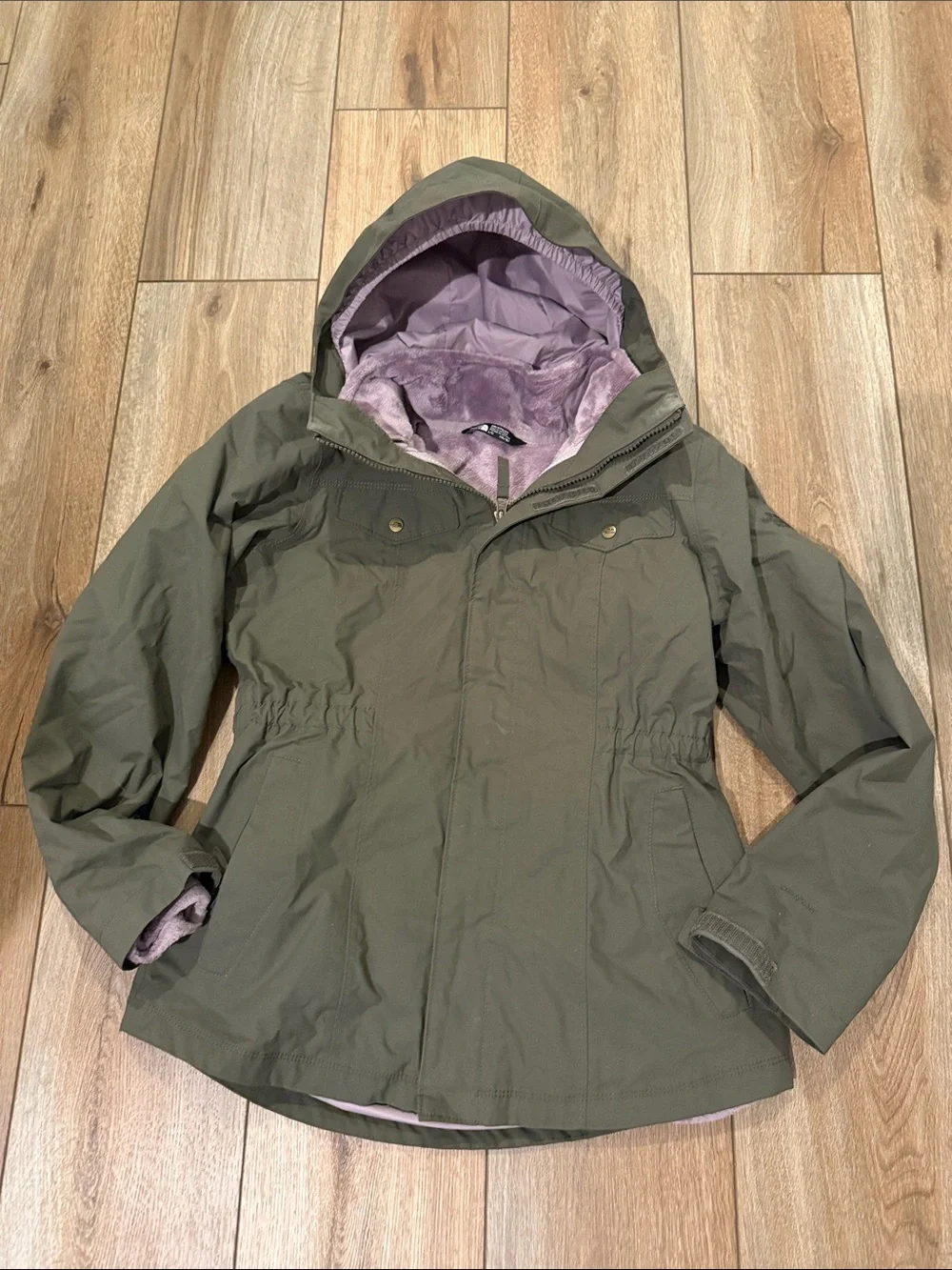 North Face Osolita Olive Green 3 in 1 Hooded Jacket with Lavender zip in Lining